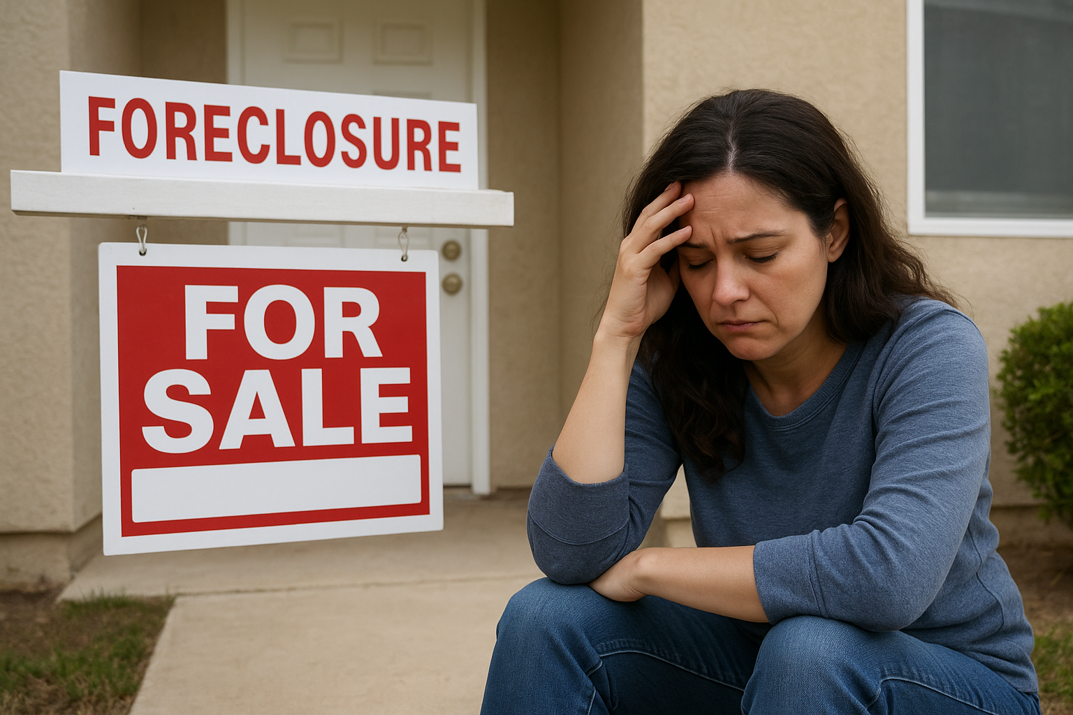 Foreclosure help - Woman sitting stressed in front of home with foreclosure sign